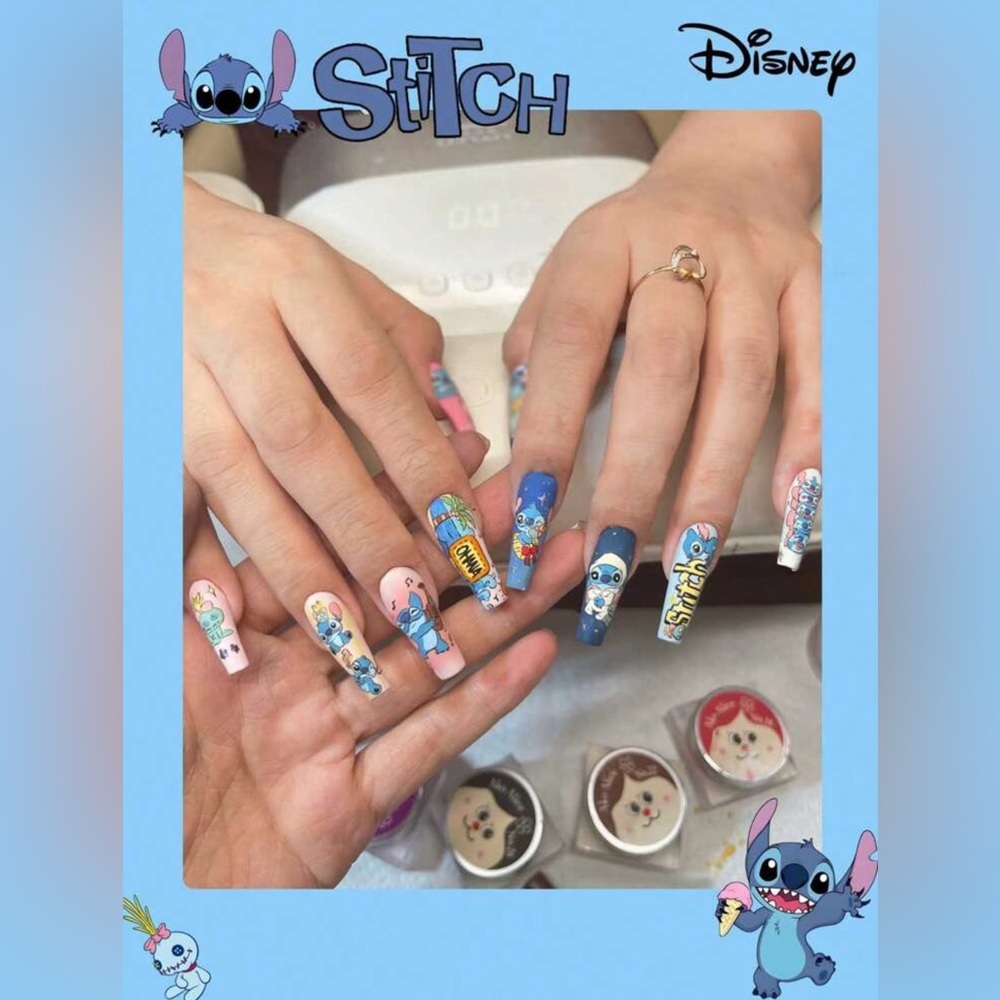 24 Pieces Disney Lilo & Stitch Character Press-On Nails Blue and Pink